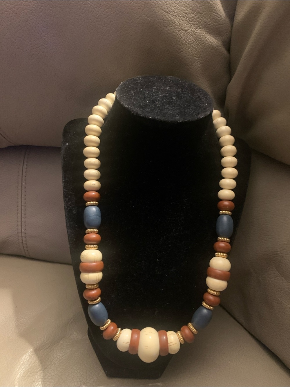 Vintage Wood Beaded Statement Necklace in Cream, Blue and Brown